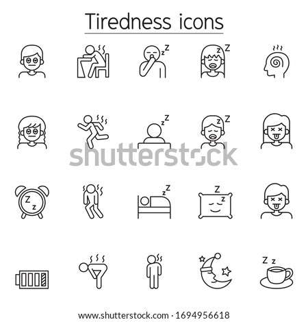 Tiredness, sleepy icons set in thin line style