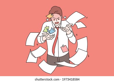 Tiredness, stress, burnout concept. Portrait of angry irritated businessman standing in flying heap of documents trying to catch feeling stressed and tired vector illustration 