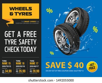 Tires banner. Magazine ad unit. Tyre  advertisement poster. Marketing. Website. Realistic vector shining disk car wheel tyre. Water drop. Modern idea for flyer, book, booklet, brochure poster design