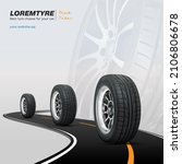 Tires car advertisement poster. Black rubber tyre set. Shining disk car wheel tyre. Summer or winter road. Information. Store. Landscape banner, digital print, flyer, booklet, brochure and web design.