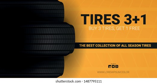 Tires car advertisement poster. Black rubber tire on the background with wheel tire tracks