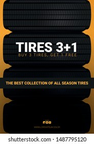 Tires car advertisement poster. Black rubber tire on the background with wheel tire tracks