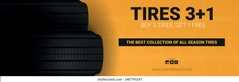 Tires car advertisement poster. Black rubber tire on the background with wheel tire tracks