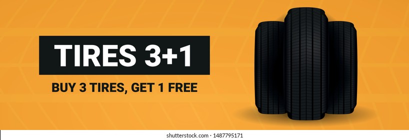 Tires car advertisement poster. Black rubber tire on the background with wheel tire tracks