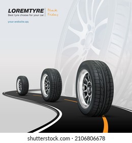 Tires car advertisement poster. Black rubber tyre set. Shining disk car wheel tyre. Summer or winter road. Information. Store. Landscape banner, digital print, flyer, booklet, brochure and web design.