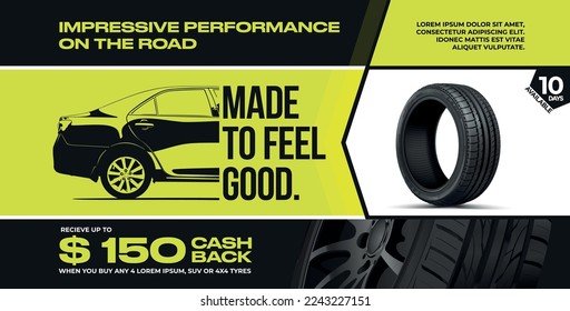 Tires car advertisement poster. Black rubber tyre. Shining disk car wheel tyre. Car.Summer or winter road. Information. Store. Landscape banner, digital print, flyer, booklet, brochure and web design.