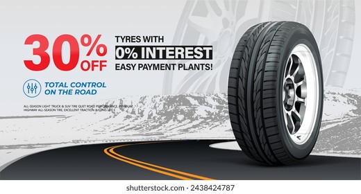 Tires car advertisement poster. Black rubber tyre. Shining disk car wheel tyre. Mountain, road background. Take the road. Store. Landscape banner, digital print, flyer, booklet, brochure web design.