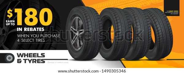 Tires car advertisement poster. Black rubber\
tyre. Realistic vector shining disk car wheel tyre. Information.\
Store. Action. Landscape poster, digital banner, flyer, booklet,\
brochure and web design.