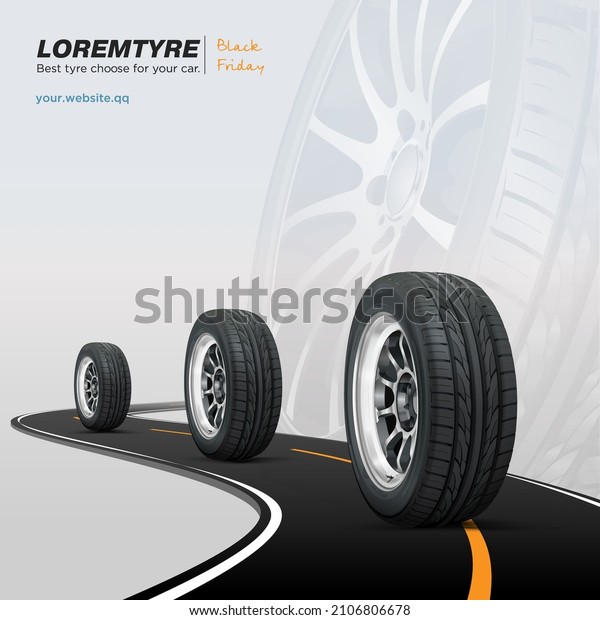 Tires car advertisement poster. Black rubber tyre\
set. Shining disk car wheel tyre. Summer or winter road.\
Information. Store. Landscape banner, digital print, flyer,\
booklet, brochure and web\
design.