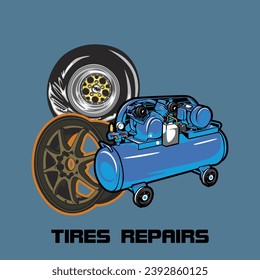 tires, car rims and compressor isolated blue background, vector file