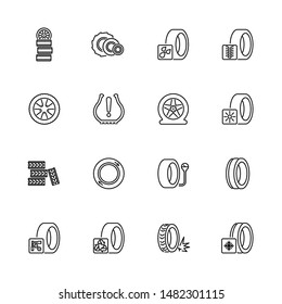 Tires, Car Wheel outline icons set - Black symbol on white background. - lined simplicity Sign. Flat Vector thin line Icon - editable stroke