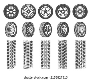 Tires disks silhouettes. Automobile braking tire graphics, circle wheel disk truck wheels, car wheele icons with trace patterns vector illustration