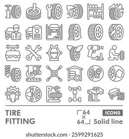 Tires fitting symbols collection or sketches, car service theme in line style signs for web and app. Vector graphics isolated on white background