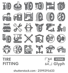 Tires fitting symbols collection or sketches, car service theme in glyph style signs for web and app. Vector graphics isolated on white background