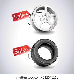  tires isolated and sale sticker on white background