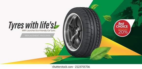 Tires with life. Advertising poster on the topic of ecology and ecological raw materials. The best choice. Discount program. Web design. Billboard street advertising. Flyer. Banner horizontal.