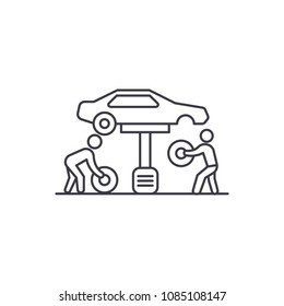 tires replacement vector line icon, sign, illustration on background, editable strokes