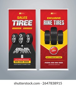 Tires sale roll-up banner design. roll-up banner, x banner, vertical ad roll-up banner template