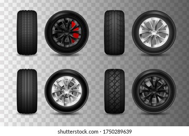 Tires set. Car tires with different tread marks. wheels for a car with brake discs.