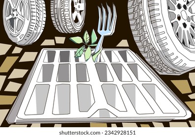 tires, sharp object, channel, green plant, urban greenery