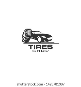 Tires shop logo design template. Silhouette sport car. Silhouette tire