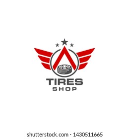 Tires shop logo design template. Silhouette tire, red wing and 3 stars