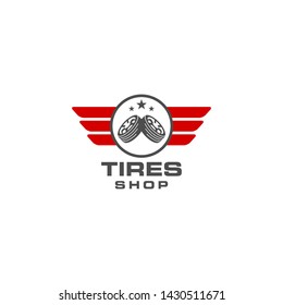 Tires shop logo design template. Silhouette tire, red wing and 3 stars