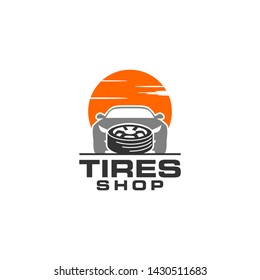 Tires shop logo design template. Silhouette tire, grey car and sun.