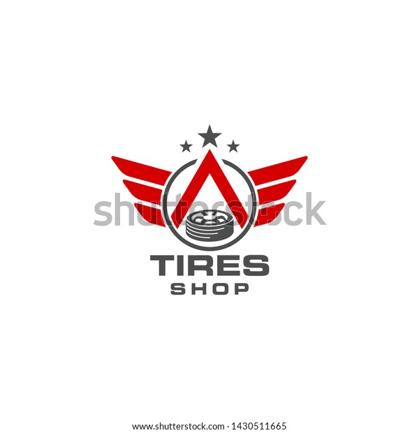 Tires shop logo design template. Silhouette tire,\
red wing and 3 stars