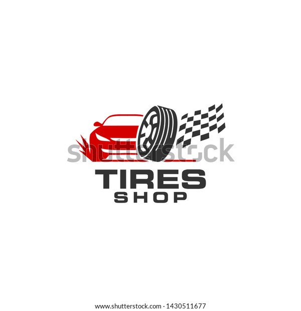 Tires shop logo design template. Silhouette tire,\
red car and racing flag.