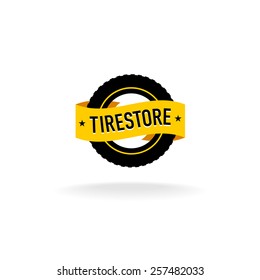 Tires store logo. Black tire silhouette with orange ribbon with text.