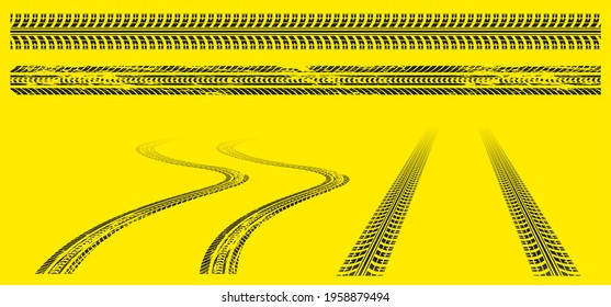 Tires tracks, offroad grunge tyre prints, abstract automobile wheels black pattern on yellow background. Rally, motocross straight and wavy dirty traces, off road trails texture isolated vector set