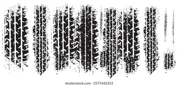 Tires trail silhouette set. Imprint of the car. Grunge tire tracks. Trace of automotive rubber. Black tire track. Tire track isolated silhouette vector