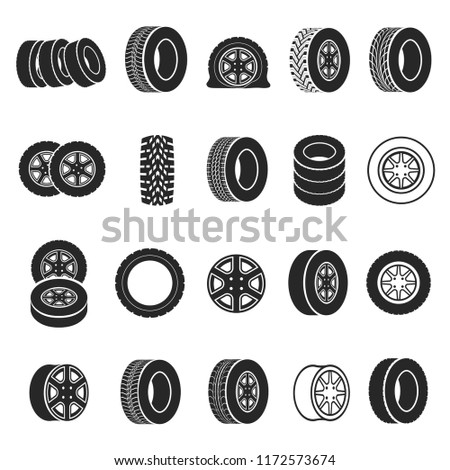 Tires and wheels icon set. Black rings, bands of rubber to be fixed below a vehicle. Vector auto tires  illustration on white background