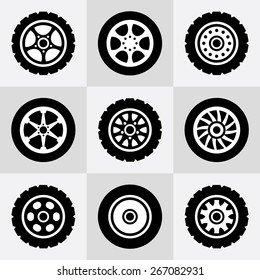 Tires And Wheels Icons Set. Vector Illustration.