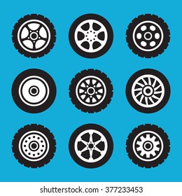 Tires and wheels icons set. Vector icons set isolated on blue background