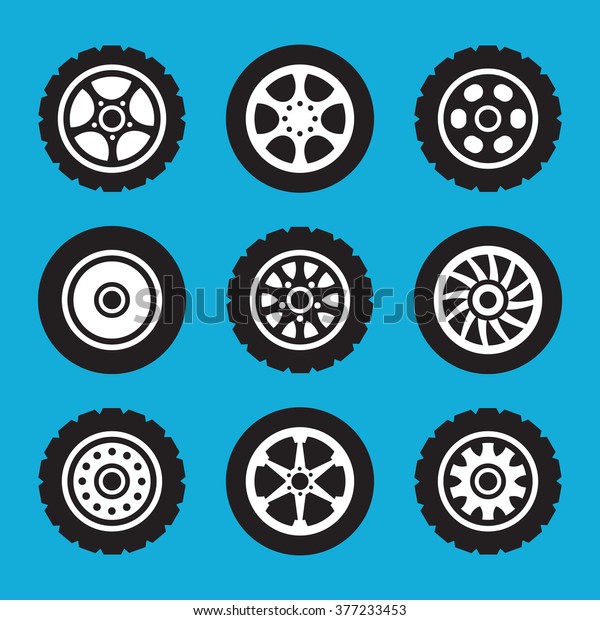 Tires and wheels icons set. Vector icons set\
isolated on blue\
background
