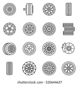 Pneus e rodas ícones definido. A roda de um carro, design de linha fina. Pneus de carro, jantes, coleção de símbolos lineares. Roda de várias formas, ilustração vetorial isolada