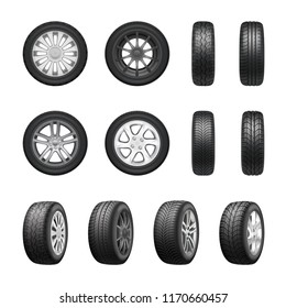 Tires wheels shown from different sides realistic set isolated on white background vector illustration