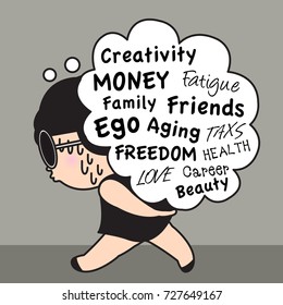 Tiring Depressed Woman Carrying A Heavy Load Of Stress In A Form Of A Bubble Words Concept Card Character illustration