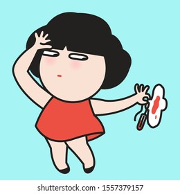 Tiring Girl Holding A Used Tampon During The Monthly Cycle Concept Card Character illustration