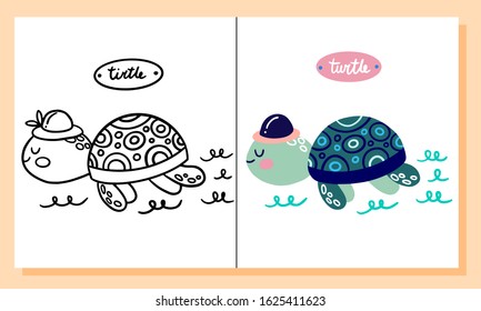 Tirtle. Coloring pages. Cartoon cute marine wild animals, sea elements. Black and white hand drawn doodle for coloring book.
