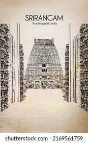 Tiruchirappalli (Trichy), estado de Tamil Nadu, India. Templo de Sri Rangam. Dibujo artístico. Esbozo de viajes. Vintage, vector dibujado a mano