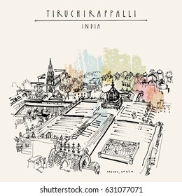 Tiruchirappalli (Trichy), Tamil Nadu state, India. High point view from Rockfort temple. Artistic drawing. Travel sketch. Vintage hand drawn postcard or poster template. Vector illustration