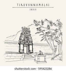 Tiruvannamalai, Tamil Nadu, India. Arunachala holy mountain, small Hindu temple and holy cow statue, steps and trees. Achitectural drawing. Travel sketch. Vintage handdrawn postcard, poster. Vector