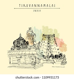 Tiruvannamalai, Tamil Nadu, India. Hindu temple, gopurams, holy cow statue. Achitectural hand drawing. Travel sketch. Vintage hand drawn postcard or poster. Vector illustration
