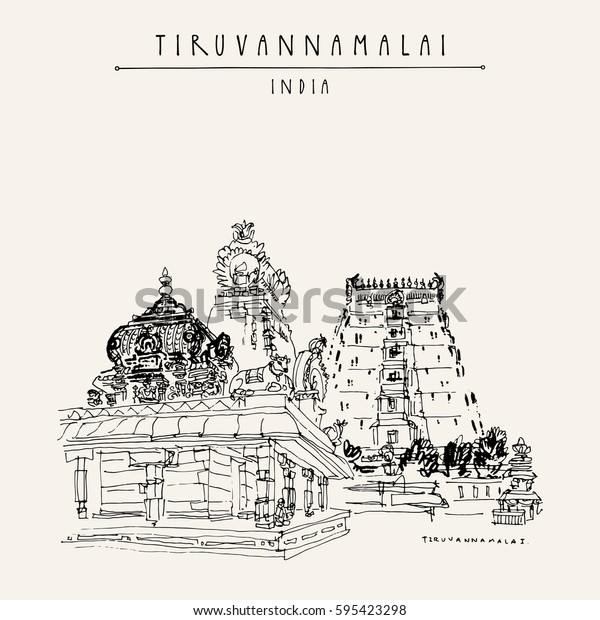 Tiruvannamalai,\
Tamil Nadu, India. Hindu temple, gopurams, holy cow statue.\
Achitectural hand drawing. Travel sketch. Vintage hand drawn\
postcard or poster. Vector\
illustration