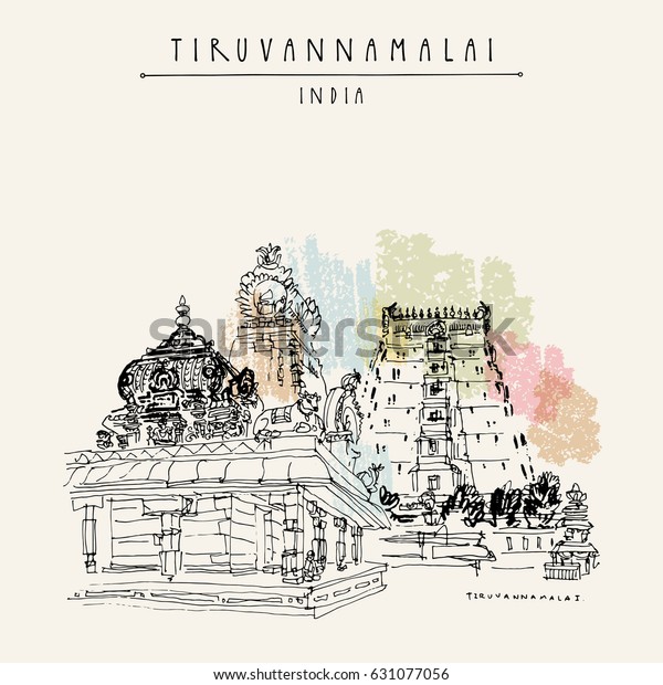 Tiruvannamalai,\
Tamil Nadu, India. Hindu temple, gopurams, holy cow statue.\
Achitectural hand drawing. Travel sketch. Vintage hand drawn\
postcard or poster. Vector\
illustration