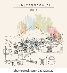 Tiruvannamalai (Tiru), Tamil Nadu, South India. Arunachala sacred mountain, palm trees and houses. Artistic hand drawing. Asian travel sketch. Vintage hand drawn postcard, poster. EPS10 vector