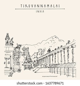 Tiruvannamalai (Tiru), Tamil Nadu, South India. Arulmigu Arunachaleswarar Temple (The Annamalaiyar Shiva Temple), Annamalaiyar hill. Artistic drawing. Travel sketch. Vintage hand drawn vector postcard